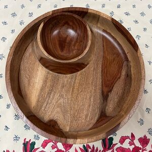 Solid Hardwood Chip & Dip Serving Bowl | One-Piece Carved Design | 12” Round